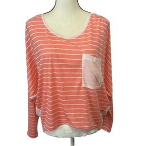 NWT Ya Los Angeles Coral/White Sheer Lace Up Back Striped Top Size M #0718
